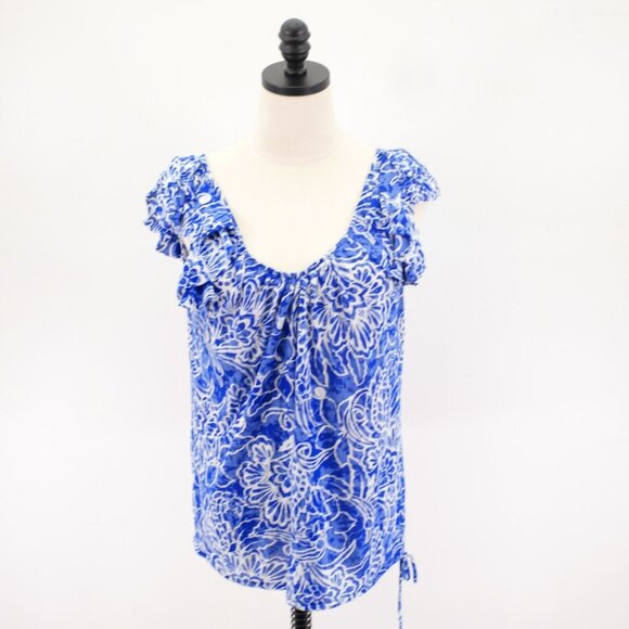 I.N.C. International Concepts XL Blue White Floral Scoop Neck Top Blouse Flutter - Picture 1 of 7